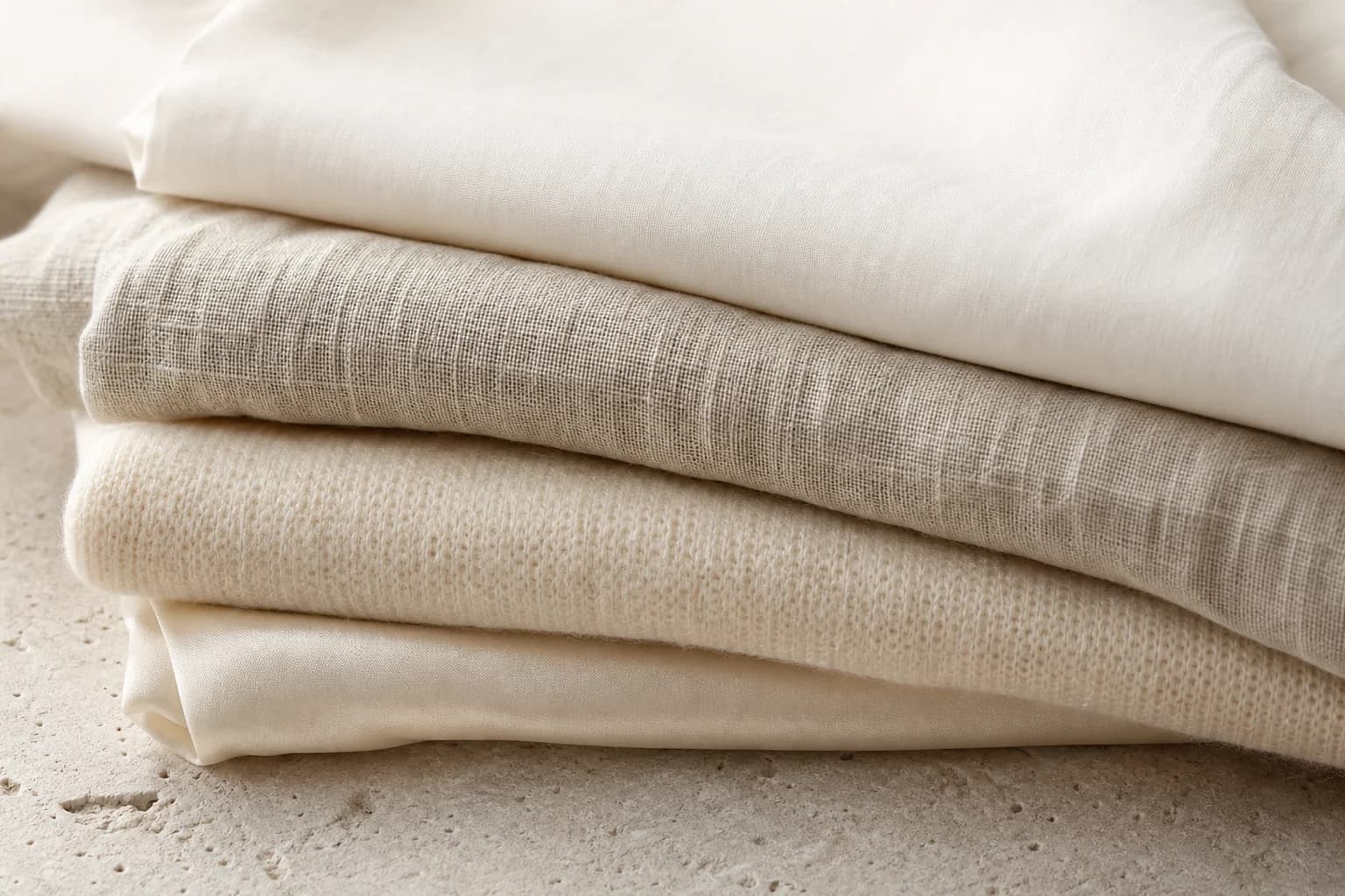 Folded ivory poplin, washed linen, cream cashmere and silk stacked on pale stone