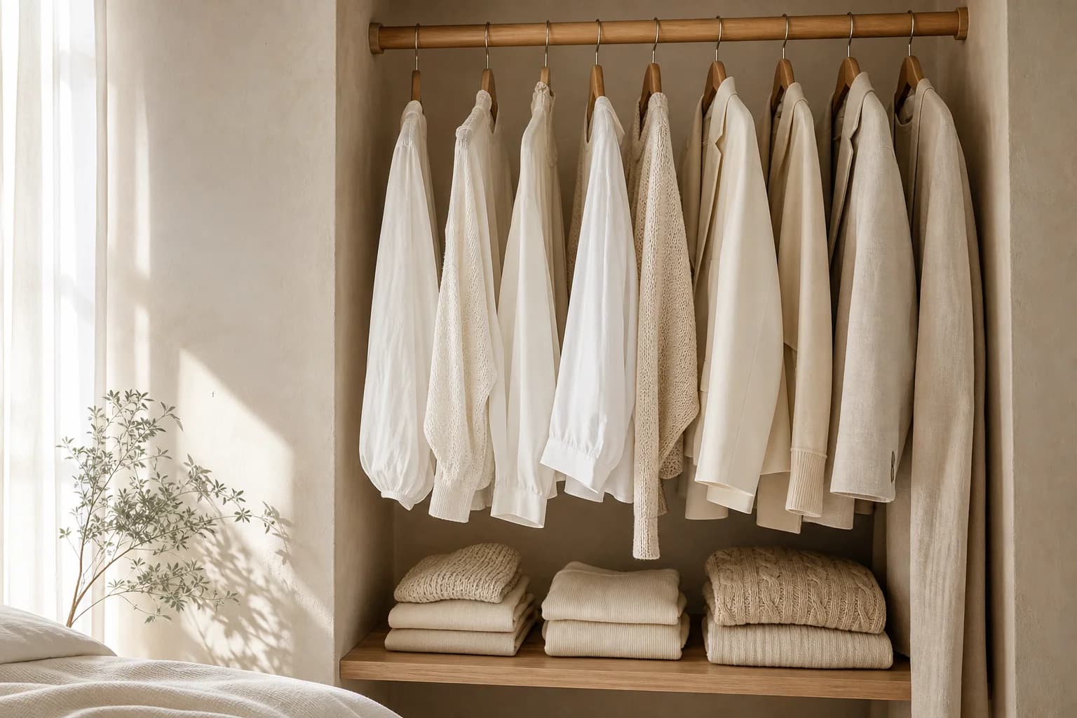 A minimal open wardrobe of white and ivory garments on a wooden rail